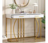 Console 120x38x76 cm, table d'entrée avec 2 tiroirs, table de canapé, Table a manger, blanc/or