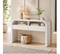 Console 2 Tiroirs et Compartiments Ouverts, Pieds Reglables, Bords Arrondis - YEAVIO - Entree Salon MDF Blanc 120×35,5×76,5 cm