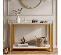 Console à 2 étagères effet marbre et métal doré moderne - YEAVIO - pour Entrée Salon Chambre 123,5×33,5×80 cm