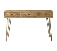 Console avec rangements 3 tiroirs en bois manguier massif gravé et métal doré L120 cm LINIUM