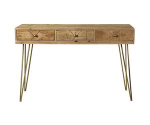 Console avec rangements 3 tiroirs en bois manguier massif gravé et métal doré L120 cm LINIUM