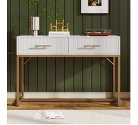 Console d’entrée blanche avec 2 tiroirs et pieds dorés, meuble moderne rainuré pour hall et salon 100 x 45 x75 cm