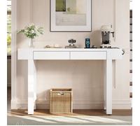 Console d’entrée blanche design treillis avec tiroirs et multiprises intégrées, meuble étroit pieds réglables - couloir salon