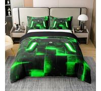 Console de Jeu 3D Coton Literie Set,Jeu de Sport Compétition Housse de Couette pour Adultes Adolescents,Vert Dégradé Néon Cube Parure de Lit,Carrelage Mural À Carreaux Décor Couvre Lit 140x200