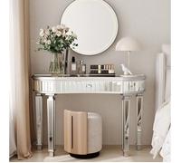 Console demi-lune miroir 120 x 38 x 78 cm avec 1 tiroir, verre rainuré gris et argenté, meuble d’entrée ORVRYN