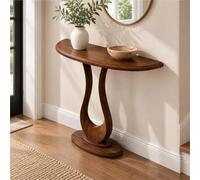 Console Demi-lune Noire, Table De Couloir, Meuble D'entrée En Bois Massif | Finition Noire Au Grain De Bois Visible, Piètement Ouvert En Lyre Et Plateau Arrondi Sur Socle Rond(Brown,W31.5"/80cm)