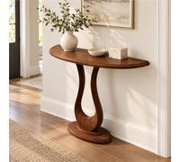 Console D'entrée En Bois Massif, Table Demi-lune, Console De Salon Moderne | Piètement Central En Boucle Ouverte, Plateau Allongé Aux Coins Doux, Socle Rond Et Teinte Brun Noyer(Brown,W31.5"/80cm)