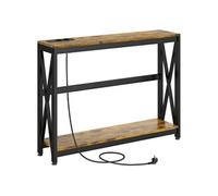 Console d'entrée style industriel 2 niveaux - prises de courant et USB intégrées - dim. 100 x 24 x 75 cm - acier noir effet bois
