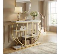 Console d'entrée,Table Console ,4 niveaux, style industriel,structure métal demi-cercle doré, plateau imitation marbre blanc