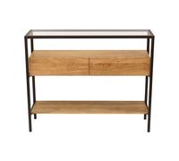 Console en bois clair manguier massif et plateau en verre 2 tiroirs L100 cm SITA