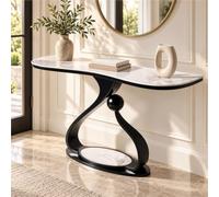 Console Entrée Contemporaine, Table D'appoint Marbre, Meuble Couloir Étroit | Plateau Veiné Aux Bords Doux, Piètement Noir Sculptural Avec Détail Sphérique Pour Salon Ou Hall(Black L,55.1"/140cm)