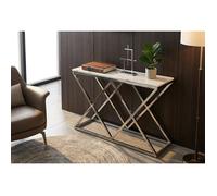 Console métal chrome base triangulaire plateau effet marbre 120 cm TRIANGLE