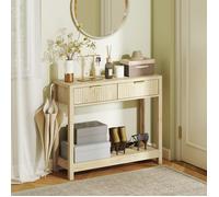 Console meuble 90 cm, table console étroite avec 2 tiroirs rainurés et étagère, style moderne, bois naturel