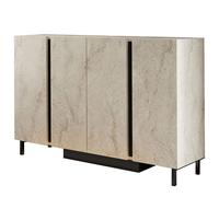 Console Meuble d'entrée Bois MDF mélaminé effet travertin - L127 x H80 x P32 cm - LED RGB - Pieds métal
