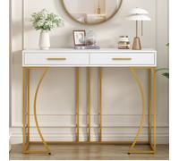 Console Meuble Entrée Avec 2 Tiroir, Table De Couloir, Table D'appoint Style Luxe Léger, Canapé - Table, 110x32x85 cm, Blanc + Or