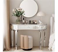 Console miroir demi-lune 120 cm gris et argent avec tiroir, verre et MDF, table d'entrée à monter