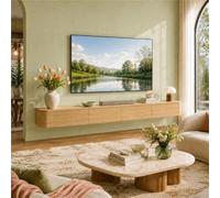 Console Multimédia Flottante, Meuble TV Mural avec Rangement, Banc TV | Bois Massif, Coins Arrondis, Glissières Silencieuses Et Entretien Facile - Salon, Chambre(Wood,L70.87IN/1.8M)