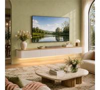 Console Multimédia Flottante, Meuble TV Mural avec Rangement, Banc TV | Bois Massif, Coins Arrondis, Glissières Silencieuses Et Entretien Facile - Salon, Chambre(Wood White+led,L102.36IN/2.6M)