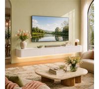 Console Multimédia Flottante, Meuble TV Mural avec Rangement, Banc TV | Bois Massif, Coins Arrondis, Glissières Silencieuses Et Entretien Facile - Salon, Chambre(White+led,L78.74IN/2M)