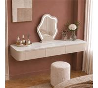 Console Murale avec Tiroirs, Coiffeuse Suspendue en Bois Massif, Bureau | Bois Massif, Surface Lisse, Rangement Discret Et Hauteur Adaptable - Espace Beauté, Dressing(Khaki+Sintered Stone,140cm)