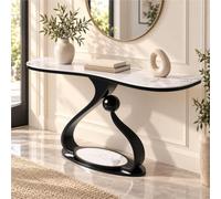 Console Salon Moderne, Table D'entrée Marbre, Meuble Console Étroit | Plateau Veiné Arrondi, Piètement Artistique, Sphère Décorative Base Ovale Pour Hall Ou Vestibule(Black L,55.1"/140cm)