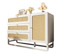 Consoles 120/40/85 cm blanche en bois et métal avec rotin et étagères réglables