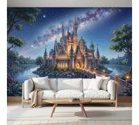 conte fées fantastique Château rêve Ciel étoilé Papier Peint Panoramique Pour Garçons filles, 400x280cm | Bleu foncé Poster Géant Mural 3D, Décoration Murale Premium Pour Salon, Chambre Adulte