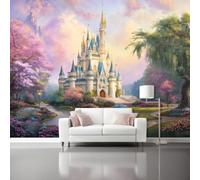 Conte Romantique Papier Peint Panoramique, 200 x 140 cm | Décoration Murale Château Arbres Fleurs Format personnalisé, Tapisserie Murales Papier Peint Intissé pour Chambre Salon