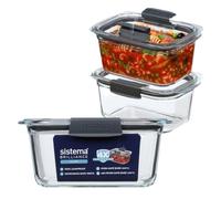 Contenants pour préparation de repas Sistema Brilliance en verre 1,1 L, lot de 3, 100% étanches et hermétiques, évents pour Micro-ondes pour un chauffage sans éclaboussures