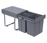 Conteneur de recyclage intégré de 40 litres – 3 compartiments avec système de rails | Couleur : Gris | Dimensions : 34,2 x 48 x 41,8 cm