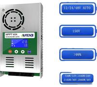 Contrôleur de décharge de charge solaire, 60A d'intensité maximale, support de plusieurs tensions, MPPT 60A