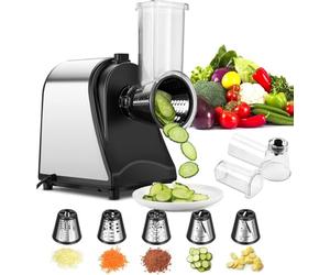 COOCHEER Coupe-légumes Électrique, 5 en 1 Râpe Multifonctionnelle Électrique, 250W Râpe et Hachoir Électriques, avec 5 Cônes en Acier Inoxydable, Convient pour Légumes et Carottes YF002