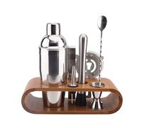 COOK CONCEPT - KV7303 Coffret Complet à Cocktail avec Support en Bambou - Shaker, Pilon, Passoire, Cuillère, Verre Doseur, Bouchon Verseur, Pince - 27.6 x 25 x 10.5 cm - Couleur Argent