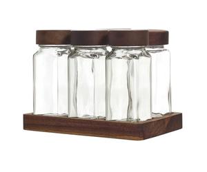 COOK CONCEPT - KA0366 Bocaux à Épices en Verre avec Plateau Acacia - Couvercles Hermétiques - Étiquettes Personnalisables - Ensemble de 6 Pièces - Taille Standard - Transparent