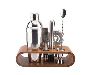 COOK CONCEPT - KV7303 Coffret Complet à Cocktail avec Support en Bambou - Shaker, Pilon, Passoire, Cuillère, Verre Doseur, Bouchon Verseur, Pince - 27.6 x 25 x 10.5 cm - Couleur Argent