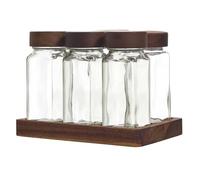 COOK CONCEPT Lot de 6 Bocaux à Épices en Verre avec Plateau en Acacia | Lot de 6, verre transparent, couvercles hermétiques, plateau en acacia, étiquettes personnalisables, épices