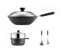 COOKER KING Ensemble de cuisson - Wok en fer 4,5 L + Faitout en aluminium 3 L + Panier vapeur en acier inoxydable 304 + 2 spatules
