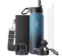 Coolflask Bouteille d'eau isotherme avec paille de 710 ml - Bouteille d'eau en acier inoxydable avec 3 couvercles en métal - Large ouverture pour le sport ou le bureau - Sans BPA - Garde au froid