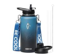 Coolflask Bouteille d'eau isotherme avec sangle, bouteille d'eau en métal de 950 ml avec paille et couvercles à bec verseur, aspirateur à double paroi en acier inoxydable, garde au froid 48 h et au