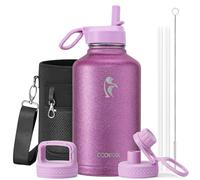 Coolflask Bouteille d'eau isotherme de 1,8 l avec paille et 3 couvercles, grande carafe à eau en acier inoxydable de 1,8 l pour le sport, la salle de sport ou le bureau, sans BPA, garde au froid 48 h
