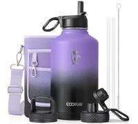 Coolflask Bouteille d'eau isotherme de 1,89 l avec paille et 3 couvercles, grande carafe à eau de 1,89 l en métal acier inoxydable à large ouverture pour le sport, la salle de sport ou le bureau, sans