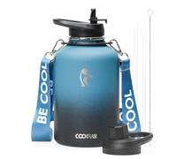 Coolflask Bouteille d'eau isotherme de 1,9 l avec sangle, carafe à eau en acier inoxydable avec paille et couvercles à bec verseur, grande bouteille d'eau en métal, garde au froid 48 h et au chaud 24