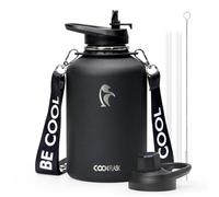 Coolflask Bouteille d'eau isotherme de 1893 ml avec sangle, carafe à eau en acier inoxydable avec paille et bouchon verseur, grande bouteille d'eau en métal, anti-fuite et sans BPA, noire