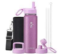 Coolflask Bouteille d'eau isotherme de 700 ml avec paille - Bouteille d'eau en acier inoxydable avec 3 couvercles en métal - Large ouverture pour le sport ou le bureau - Sans BPA - Garde au froid