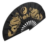 COOLHIYA Éventail Pliable à Main Tai Chi 36 Cm en Plastique Noir Léger, Ventilateur Portatif pour Danse, Arts Martiaux et Décoration Intérieure, Éventail Classique Style Chinois avec Motif