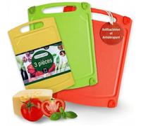 Coolinato Lot de 3 planches à découper en plastique, différentes tailles, antibactériennes avec rainure à jus, 3 couleurs pour une séparation hygiénique des aliments