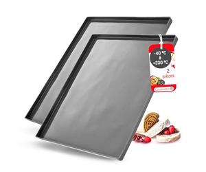 Coolinato - Set de 2 tapis de cuisson silicone platine avec rebord gris - Plaque pour le four 36,5x27x1cm avec protection anti-débordement résistant jusqu'à 230°C & antiadhésif incl. 4 recettes