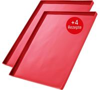 Coolinato Tapis de cuisson en silicone avec rebord Set de 2 pièces 36,5 x 27 cm ROUGE, 4 recettes incluses