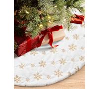 COOLWUFAN 48 inches/120cm Jupe de Sapin de Noël pour Arbre de Noël Décorations de Fête de Vacances Blanc en Peluche Doré Sequin Flocon de Neige