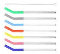 COOPHYA Pailles à Boire Réutilisables avec Manchons en Silicone et Brosse de Nettoyage, Anti-brûlure Set de 8 en Acier Inoxydable Facile à Nettoyer Couleur Aléatoire